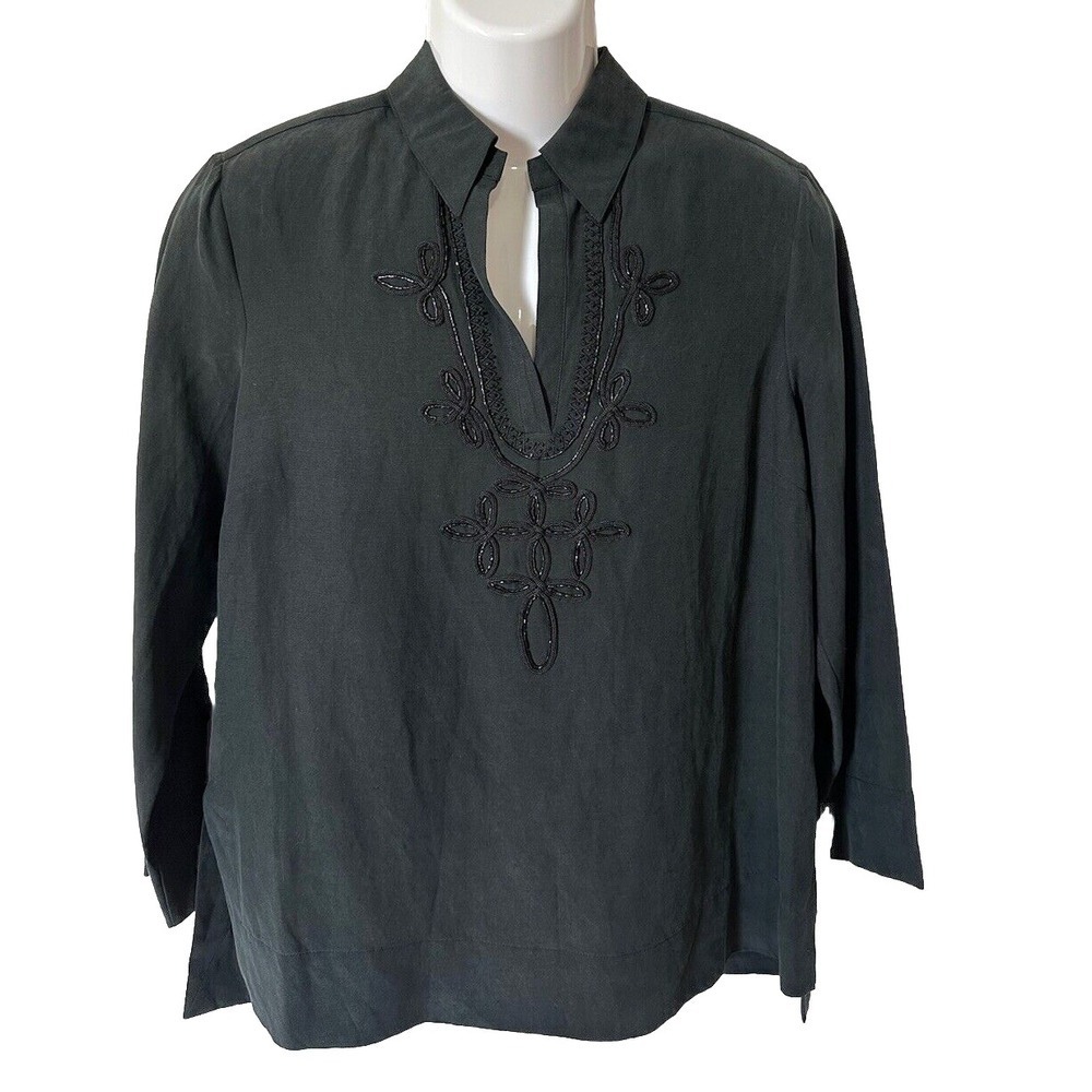 Country Shop Shirt Blouse Womens Size M Linen Silk Black Knot Beaded Details Top